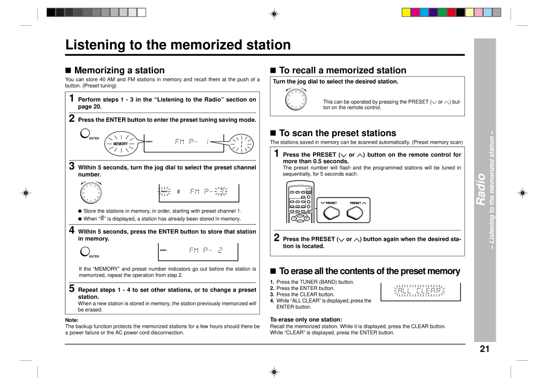 Sharp CD-CH1500 operation manual Listening to the memorized station, Memorizing a station, To recall a memorized station 