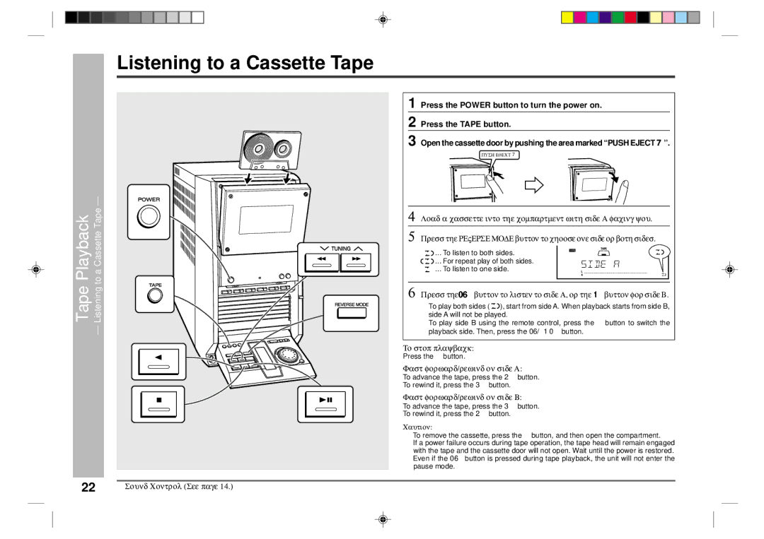 Sharp CD-CH1500 Listening to a Cassette Tape, Tape Playback, Fast forward/rewind on side a, Fast forward/rewind on side B 