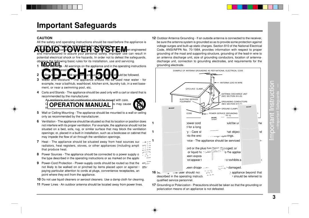 Sharp CD-CH1500 operation manual Important Safeguards 