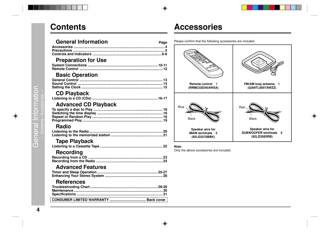 Sharp CD-CH1500 operation manual Contents, Accessories 