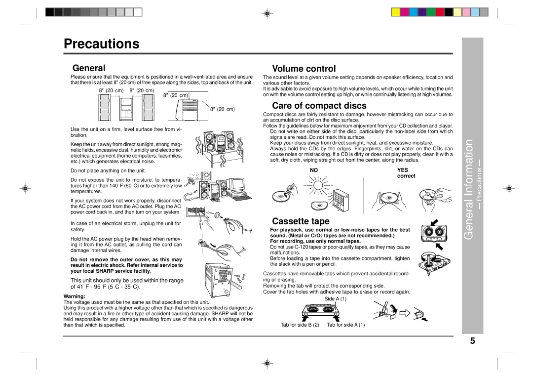 Sharp CD-CH1500 operation manual Precautions, General, Volume control, Care of compact discs, Cassette tape 