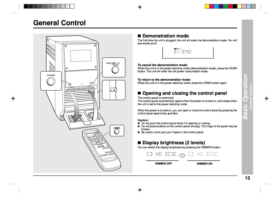 Sharp CD-CH1500 General Control, Basic Operation, Demonstration mode, Opening and closing the control panel 
