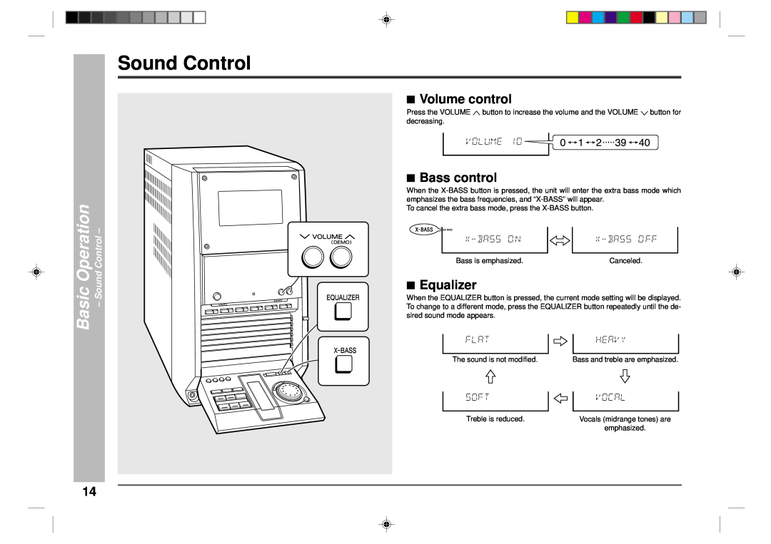 Sharp CD-CH1500 operation manual Sound Control, Bass control, Equalizer, Basic Operation, Volume control 
