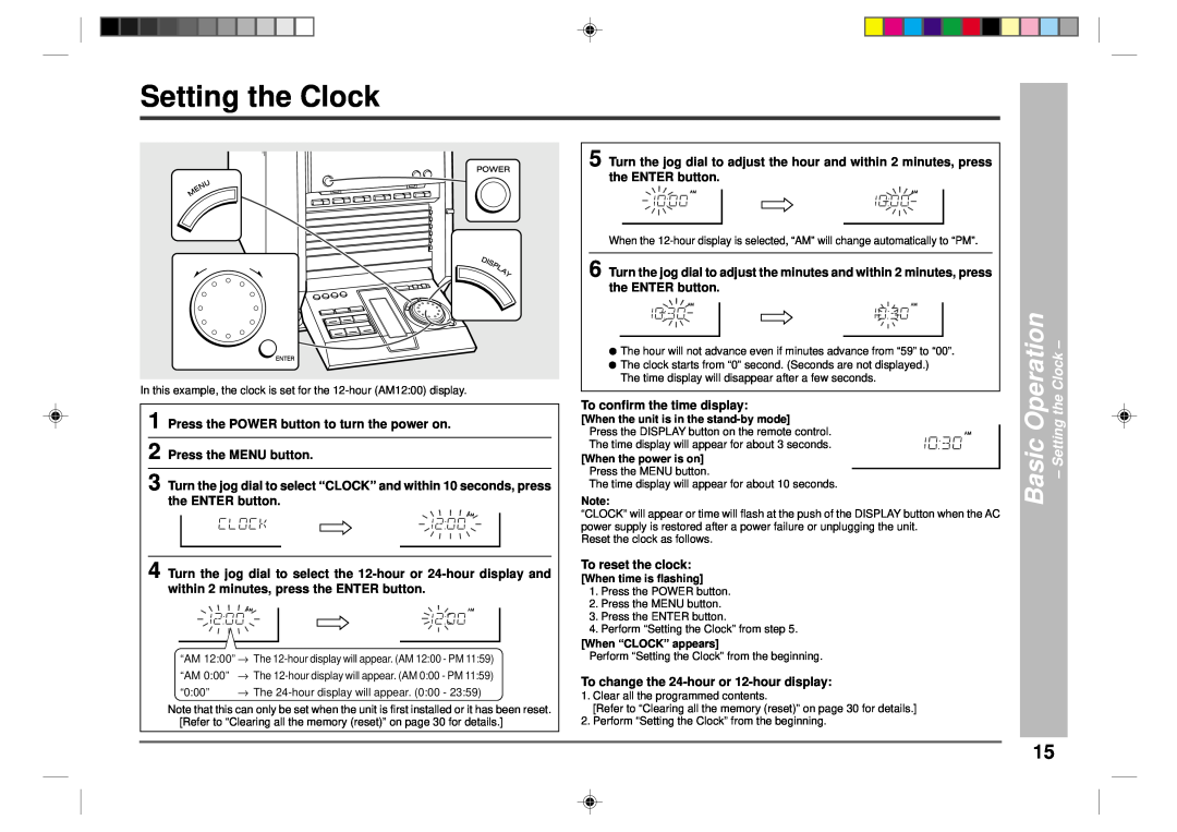 Sharp CD-CH1500 operation manual Setting the Clock, Operation, Basic 
