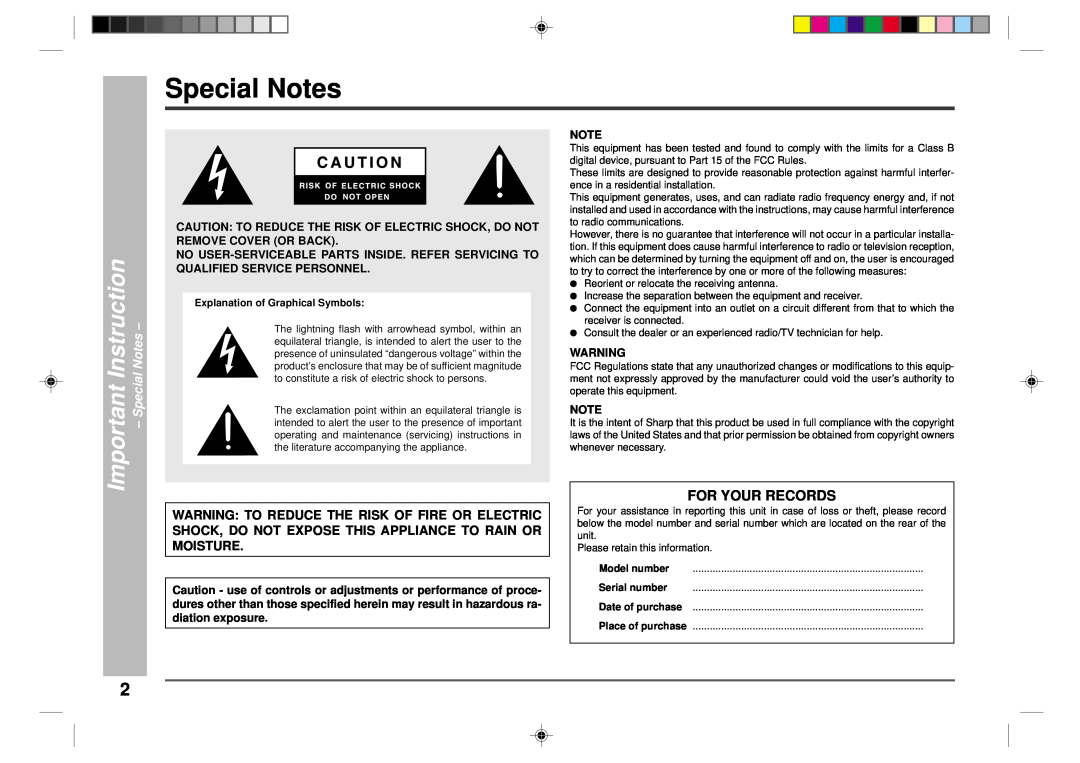 Sharp CD-CH1500 operation manual Special Notes, Important Instruction, For Your Records 