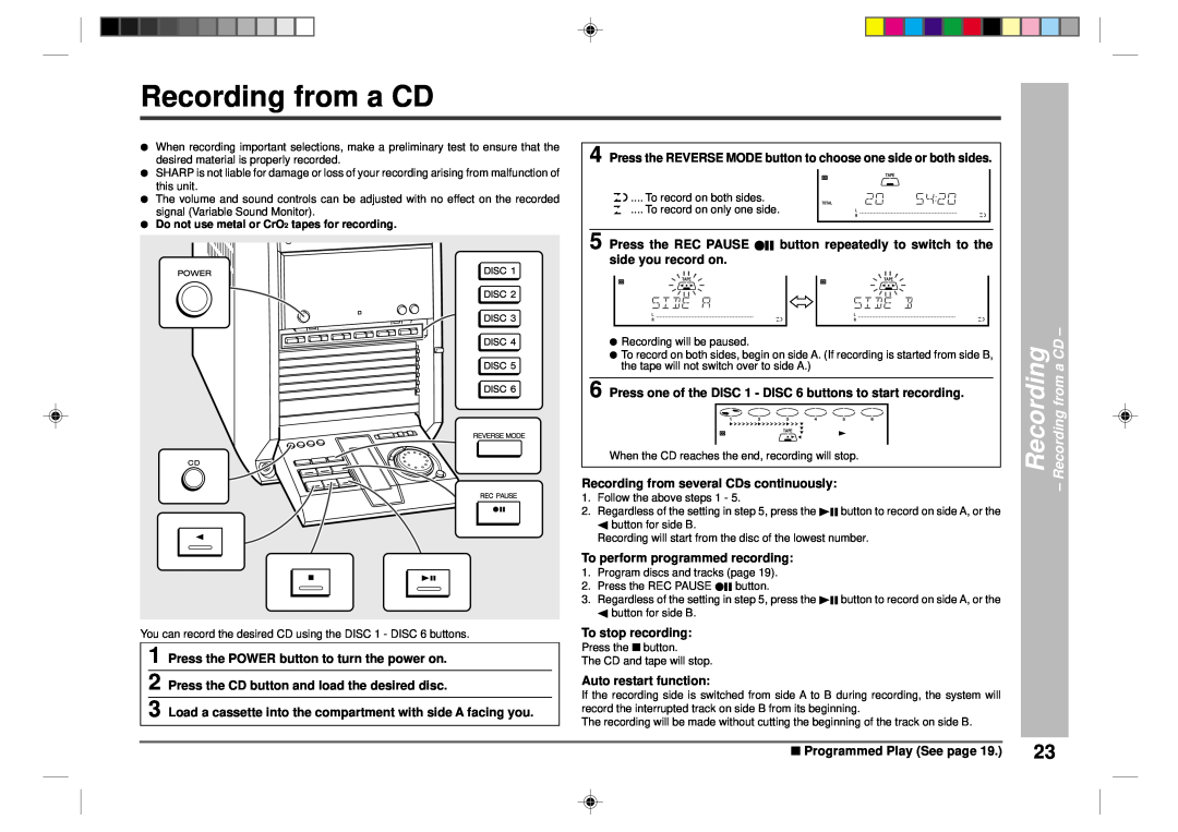 Sharp CD-CH1500 operation manual Recording from a CD 