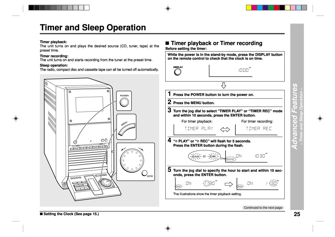 Sharp CD-CH1500 operation manual Timer and Sleep Operation, Advanced Features, Timer playback or Timer recording 