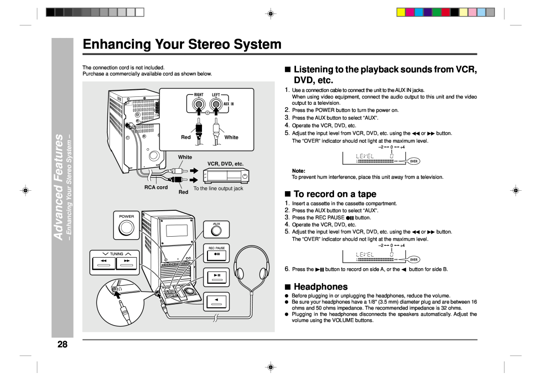 Sharp CD-CH1500 Enhancing Your Stereo System, Features, Advanced, DVD, etc, To record on a tape, Headphones 