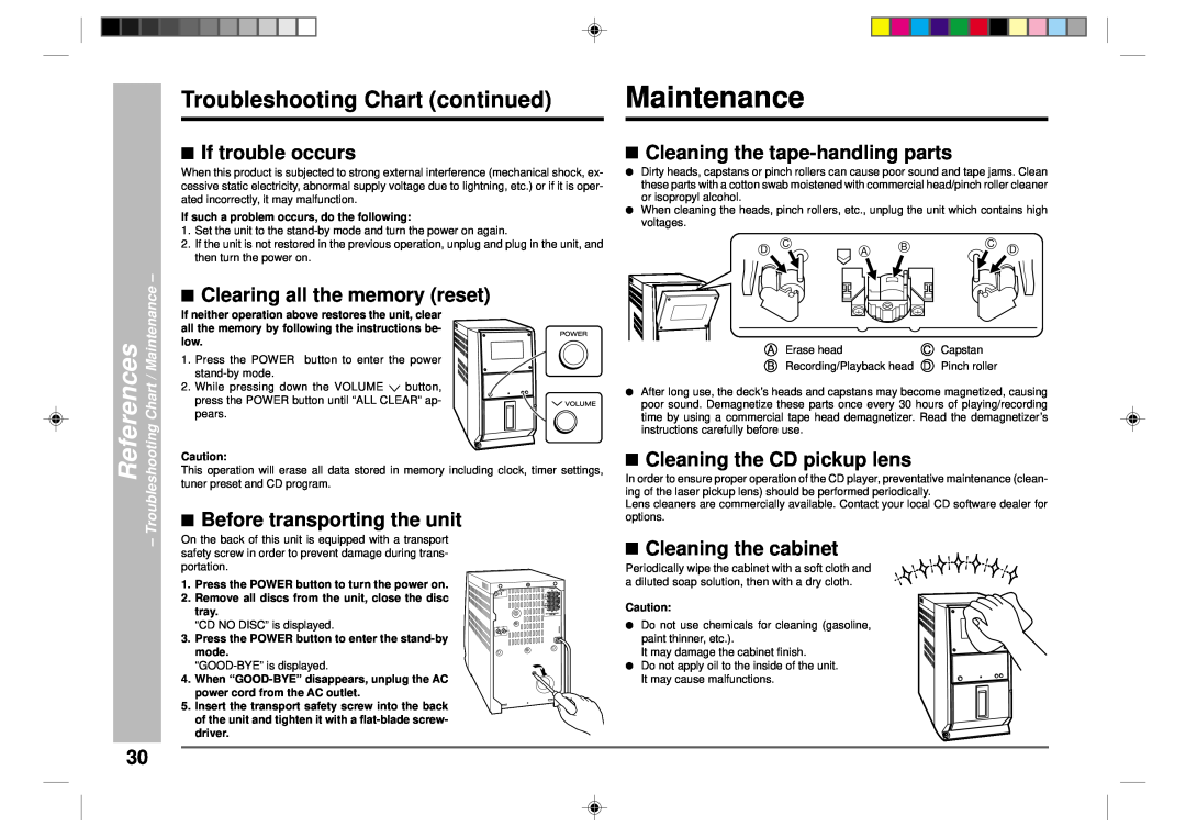Sharp CD-CH1500 Maintenance, Troubleshooting Chart continued, If trouble occurs, Clearing all the memory reset, References 