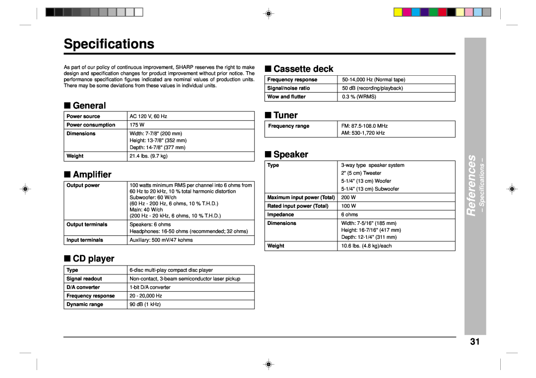 Sharp CD-CH1500 operation manual Specifications, Amplifier, Speaker, References, General, Cassette deck, Tuner, CD player 