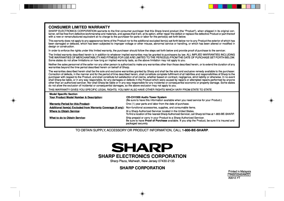 Sharp CD-CH1500 Sharp Electronics Corporation, Sharp Corporation, Consumer Limited Warranty, Model Specific Section 