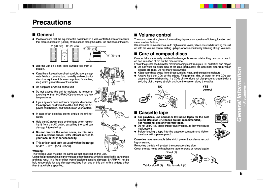 Sharp CD-CH1500 operation manual Precautions, Volume control, Care of compact discs, Cassette tape, General Information 