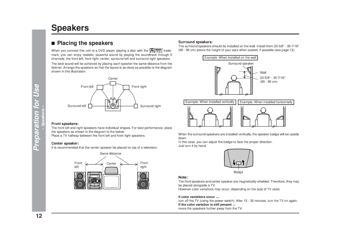 Sharp CD-DD4500 operation manual Placing the speakers, For Use Speakers, Preparation 