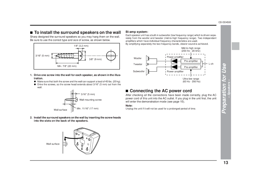 Sharp CD-DD4500 operation manual Connecting the AC power cord, Speakers 