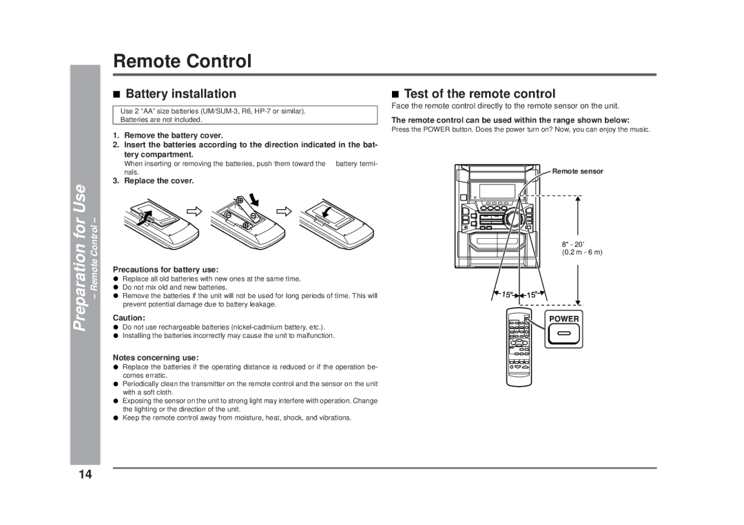 Sharp CD-DD4500 operation manual Battery installation, Test of the remote control, Preparation for Use Remote Control 