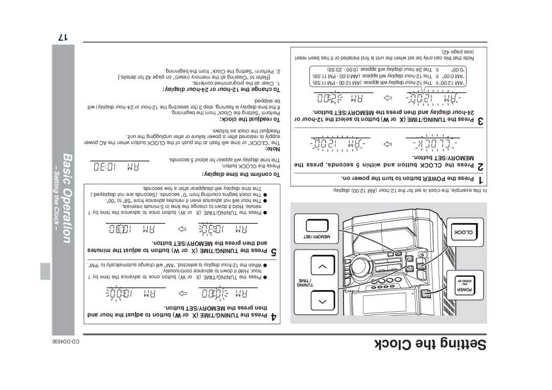 Sharp CD-DD4500 operation manual Basic Operation Setting the Clock, To confirm the time display, To readjust the clock 