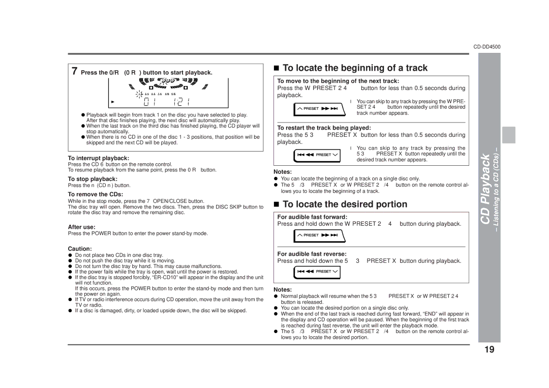 Sharp CD-DD4500 operation manual To locate the beginning of a track, To locate the desired portion 