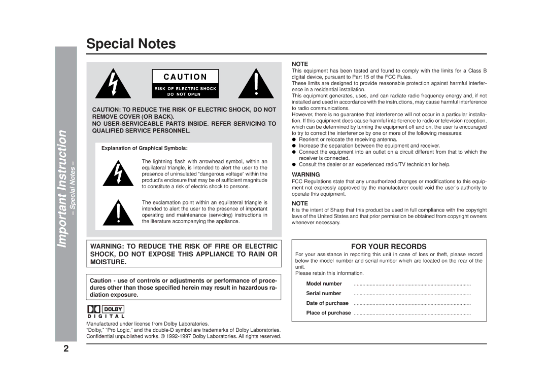 Sharp CD-DD4500 operation manual Special Notes, Explanation of Graphical Symbols 