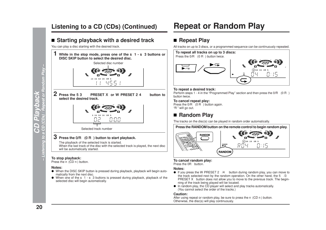 Sharp CD-DD4500 Repeat or Random Play, Listening to a CD CDs, Starting playback with a desired track, Repeat Play 