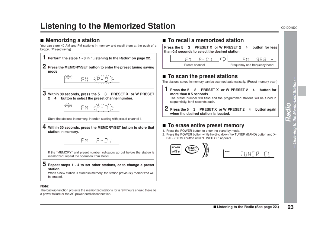 Sharp CD-DD4500 operation manual Listening to the Memorized Station, Memorizing a station, To recall a memorized station 