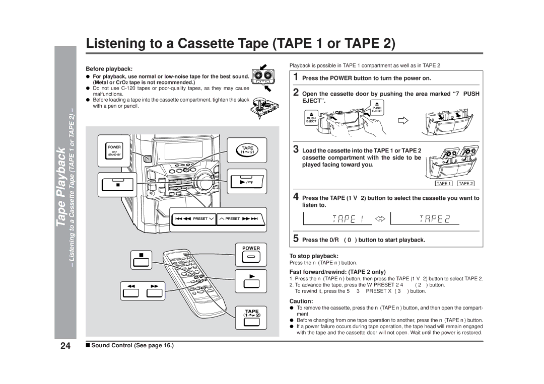 Sharp CD-DD4500 operation manual Tape Playback Listening to a Cassette Tape Tape 1 or Tape, Before playback 