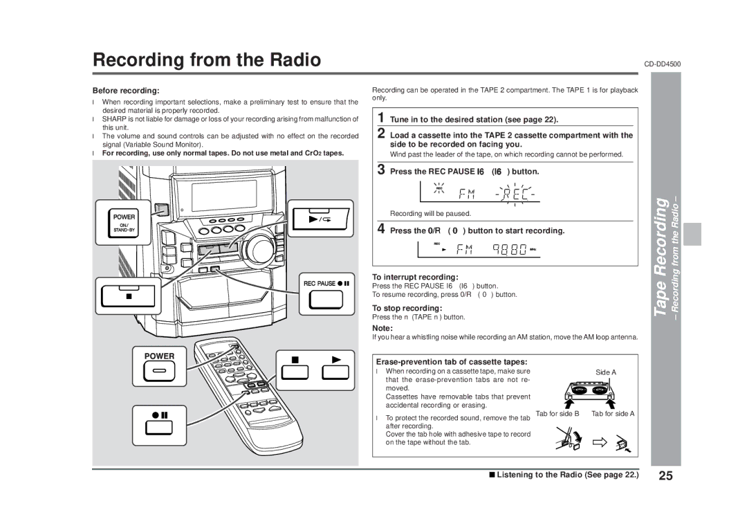 Sharp CD-DD4500 operation manual Tape Recording Recording from the Radio 