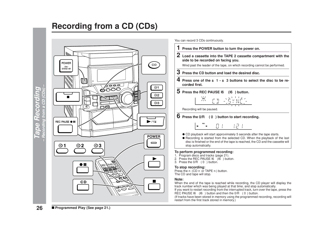 Sharp CD-DD4500 Tape Recording Recording from a CD CDs, Press the 0/R 0 button to start recording, Programmed Play See 