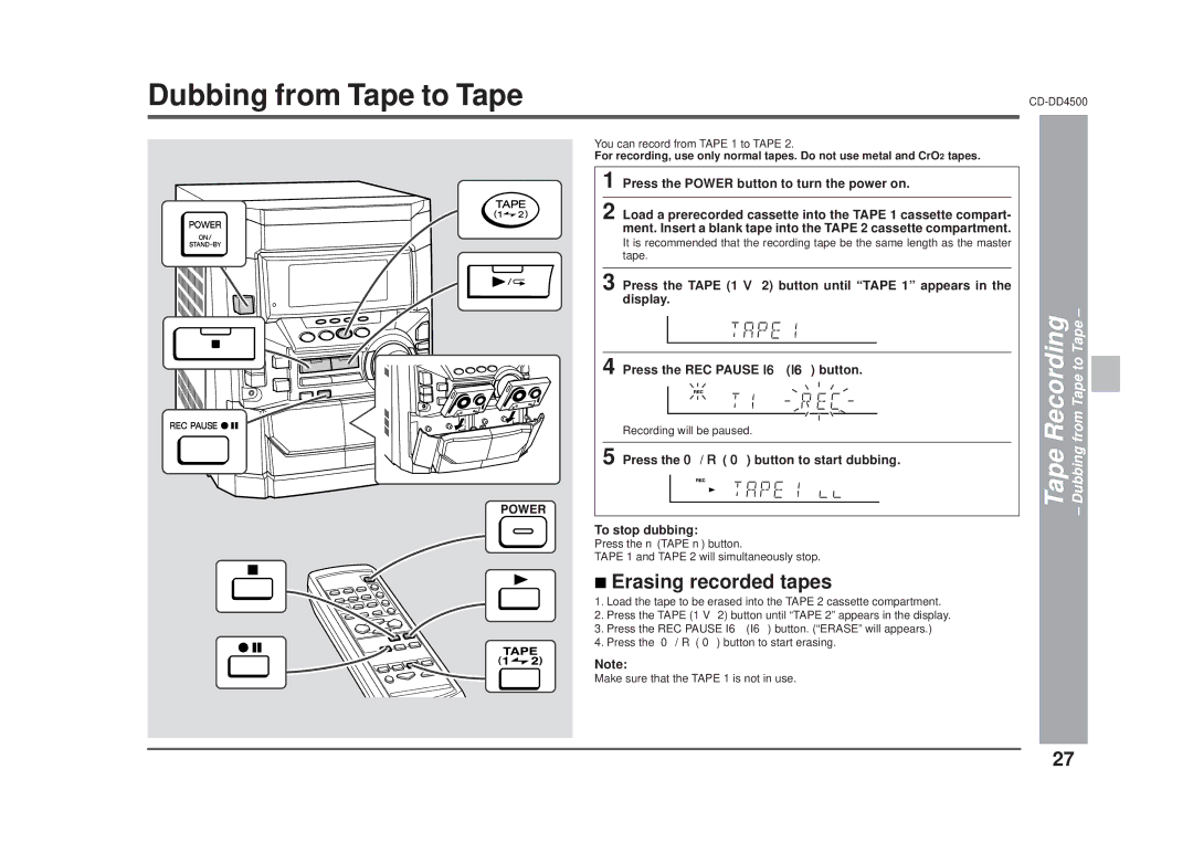 Sharp CD-DD4500 operation manual Erasing recorded tapes, Tape Recording Dubbing from Tape to Tape 