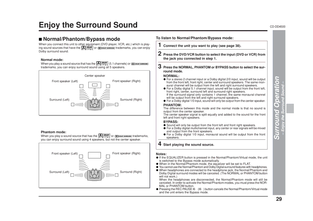 Sharp CD-DD4500 operation manual Normal/Phantom/Bypass mode, Surround Operation Enjoy the Surround Sound 