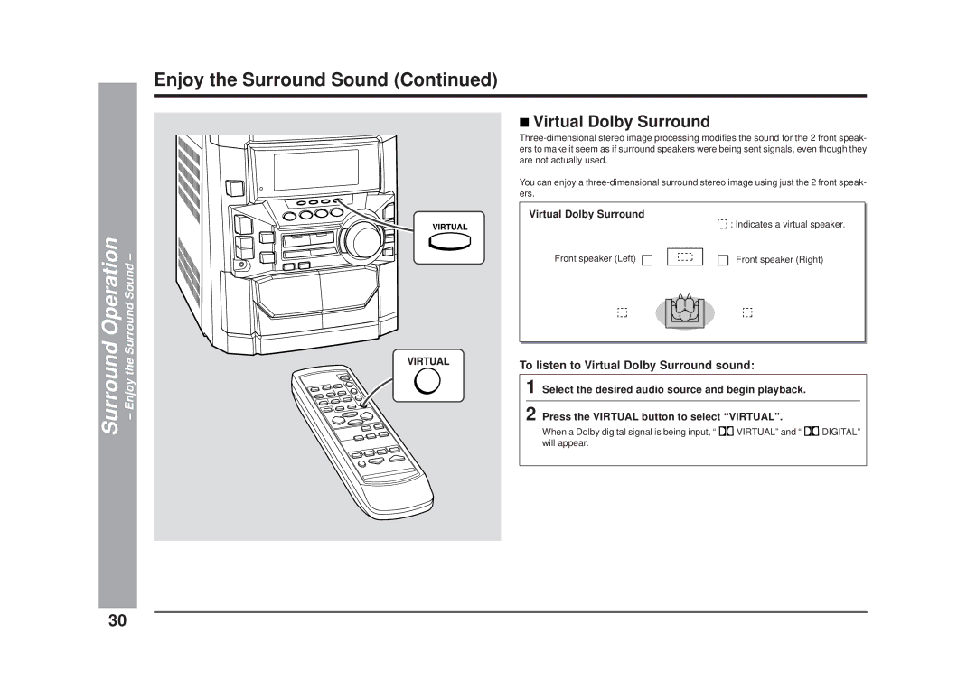 Sharp CD-DD4500 operation manual Enjoy the Surround Sound, Virtual Dolby Surround 