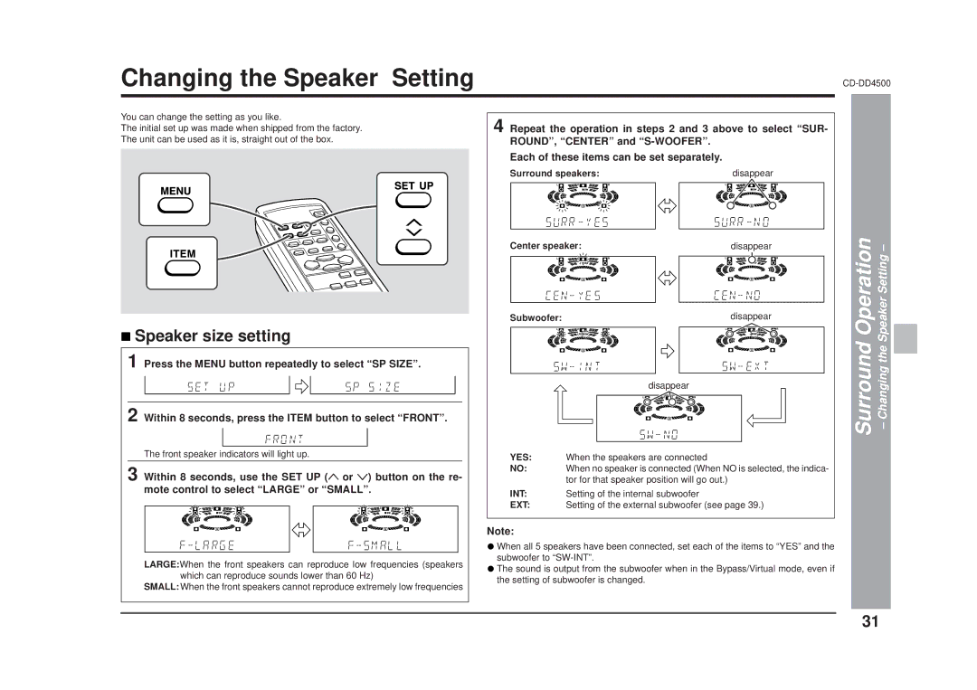 Sharp CD-DD4500 operation manual Changing the Speaker Setting, Speaker size setting 