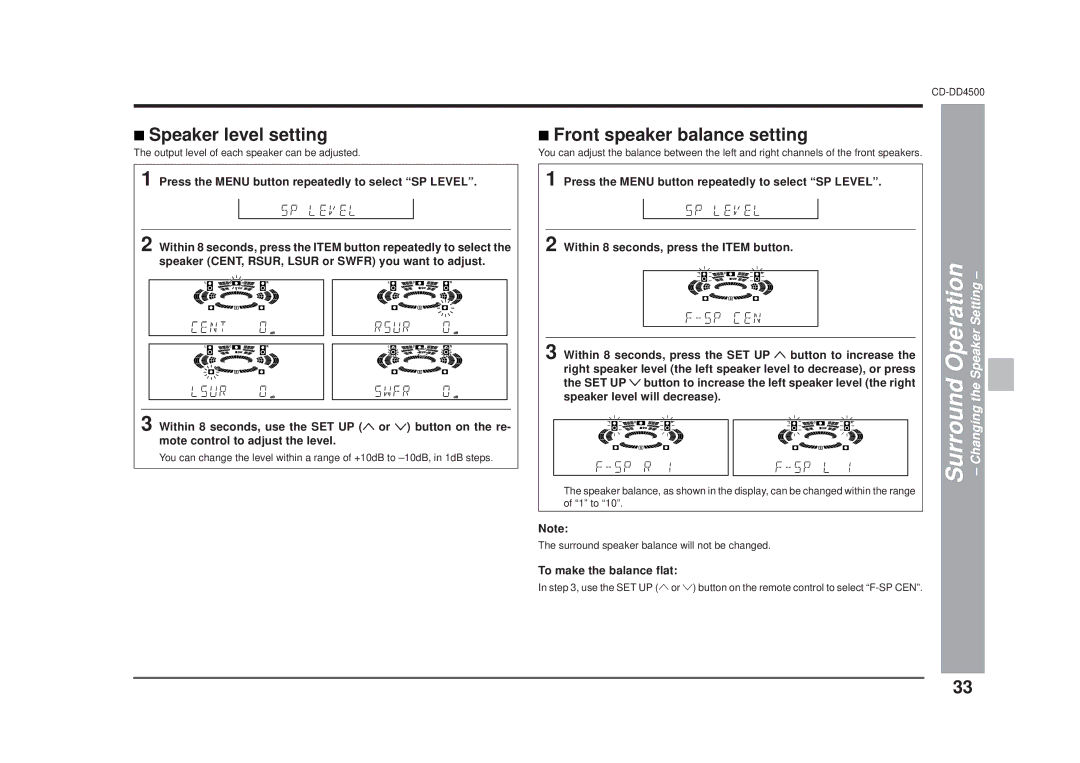 Sharp CD-DD4500 Speaker level setting, Front speaker balance setting, SpeakerSetting, Speaker level will decrease 