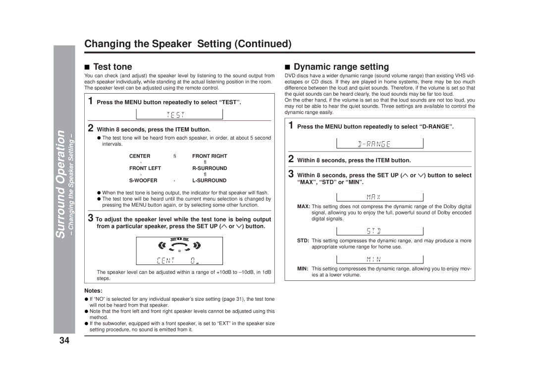 Sharp CD-DD4500 operation manual Test tone, Dynamic range setting 