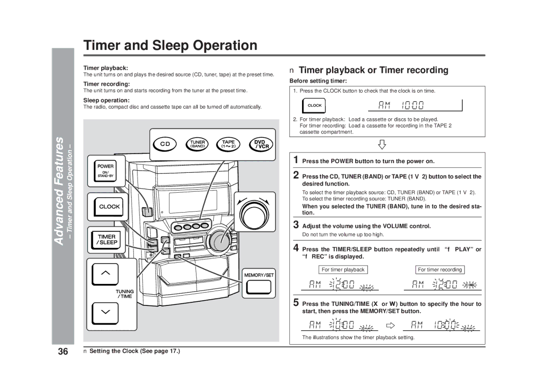 Sharp CD-DD4500 operation manual Advanced Features Timer and Sleep Operation 