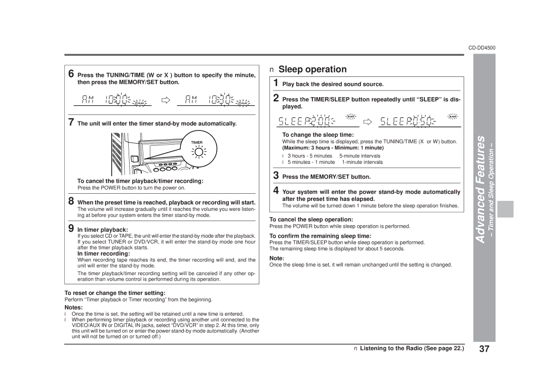 Sharp CD-DD4500 operation manual Sleep operation, To cancel the sleep operation, To confirm the remaining sleep time 