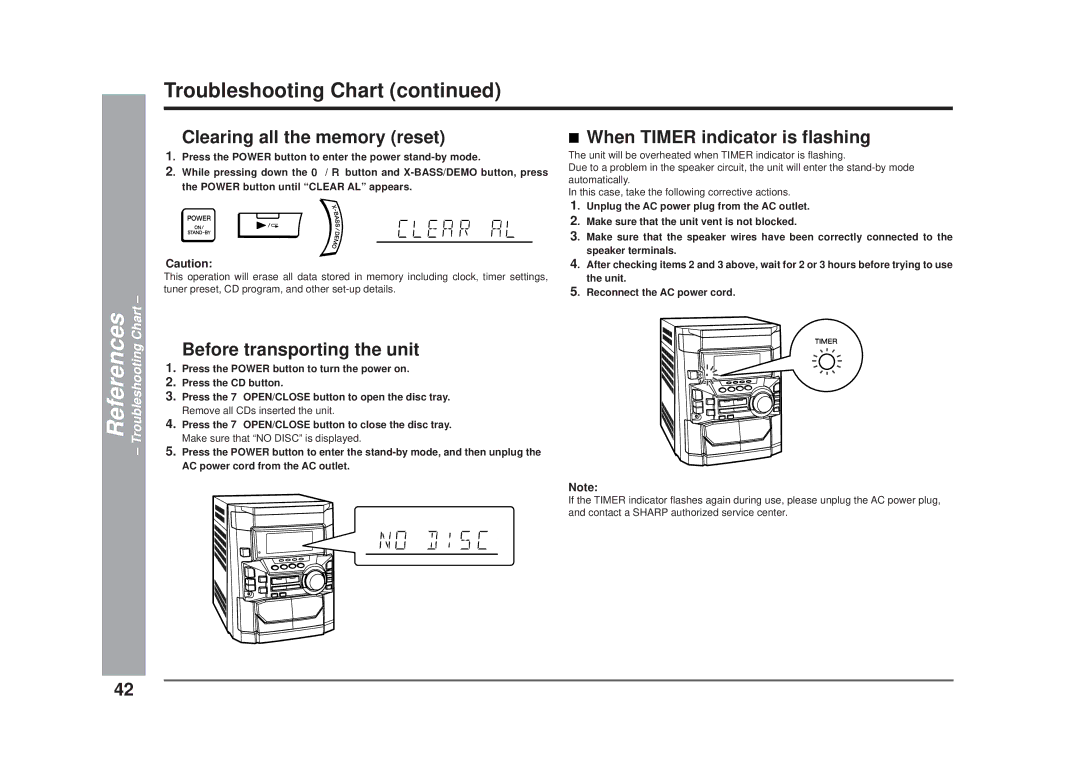 Sharp CD-DD4500 operation manual Troubleshooting Chart, Before transporting the unit, Speaker terminals 