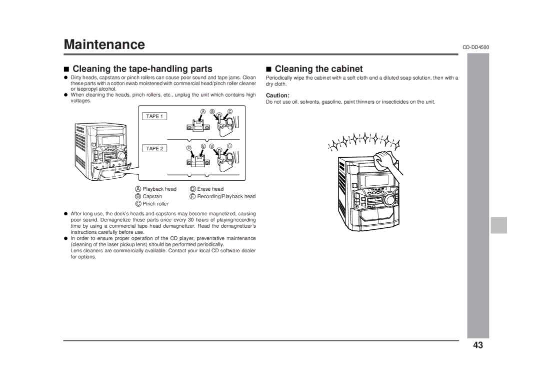 Sharp CD-DD4500 operation manual Maintenance, Cleaning the tape-handling parts, Cleaning the cabinet 