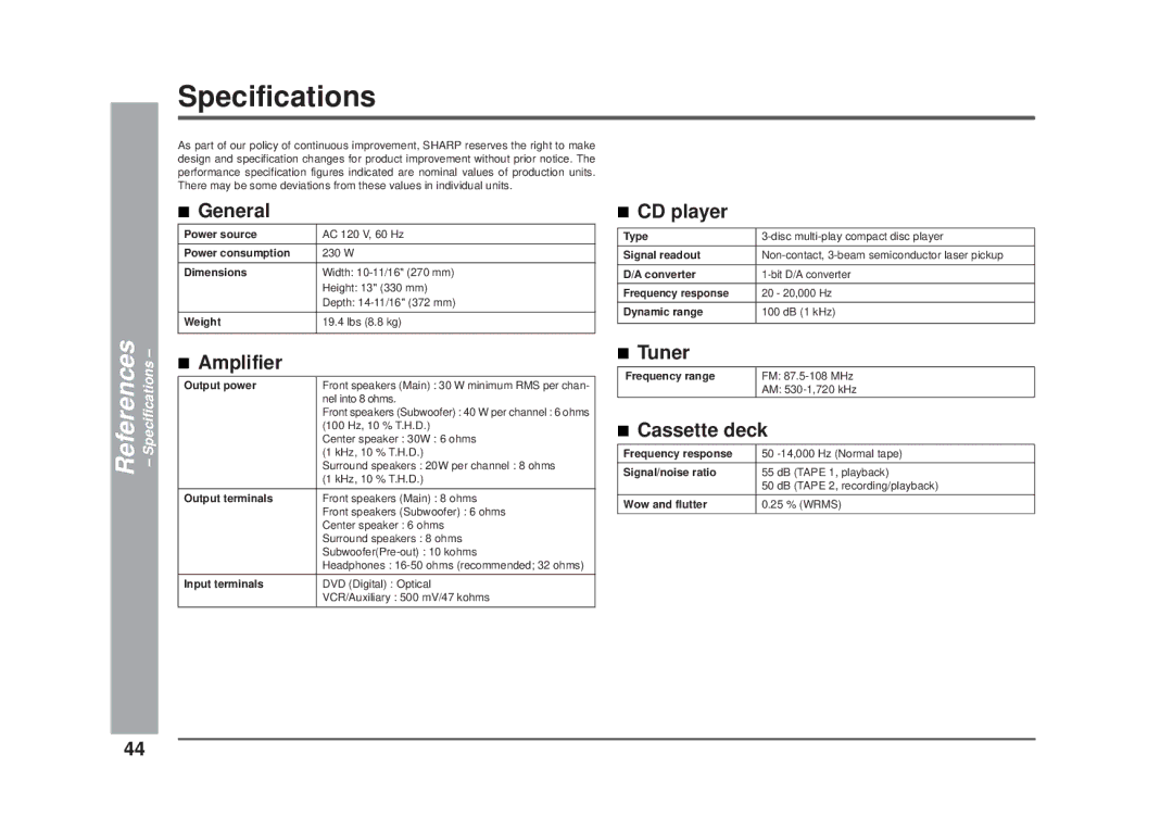 Sharp CD-DD4500 operation manual Specifications, Amplifier 