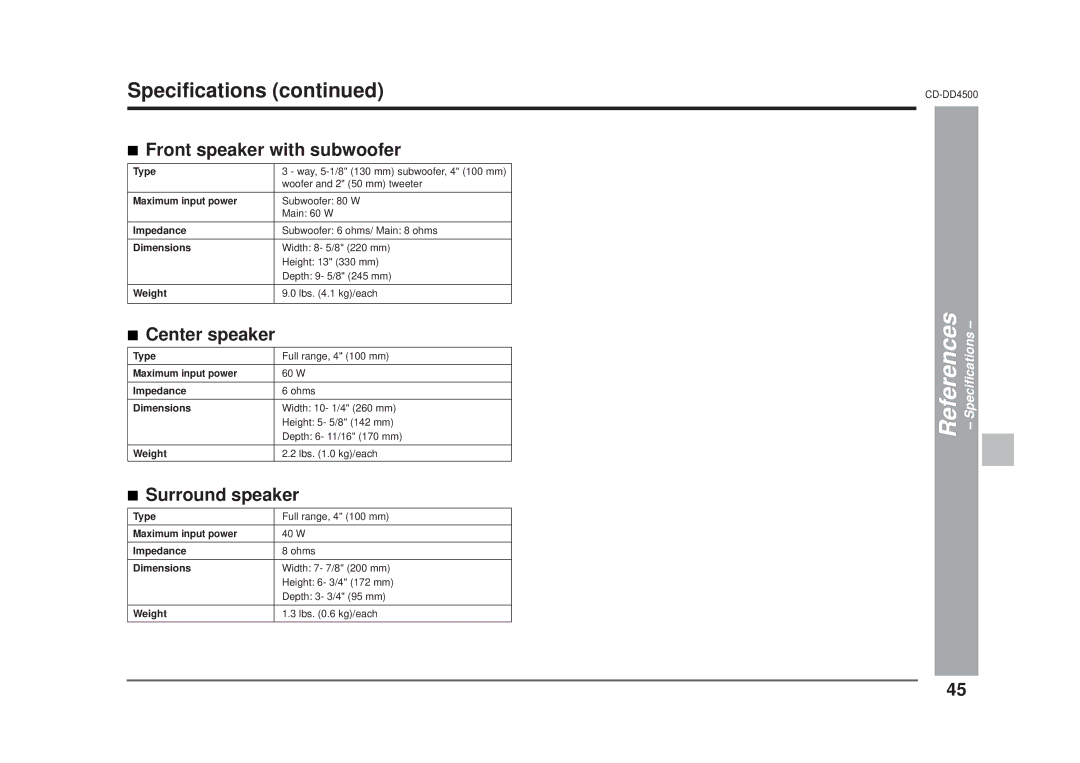 Sharp CD-DD4500 operation manual Specifications, Front speaker with subwoofer, Center speaker, Surround speaker, Impedance 