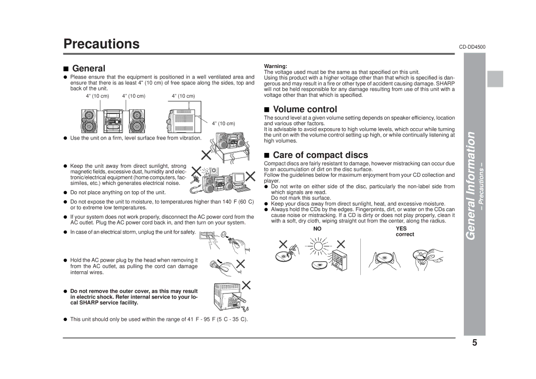 Sharp CD-DD4500 operation manual Precautions, General, Volume control, Care of compact discs 