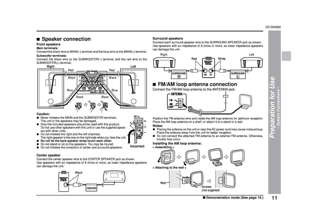 Sharp CD-DD4500 operation manual PreparationforUse, Main terminals, Subwoofer terminals, Right, System-Connections 