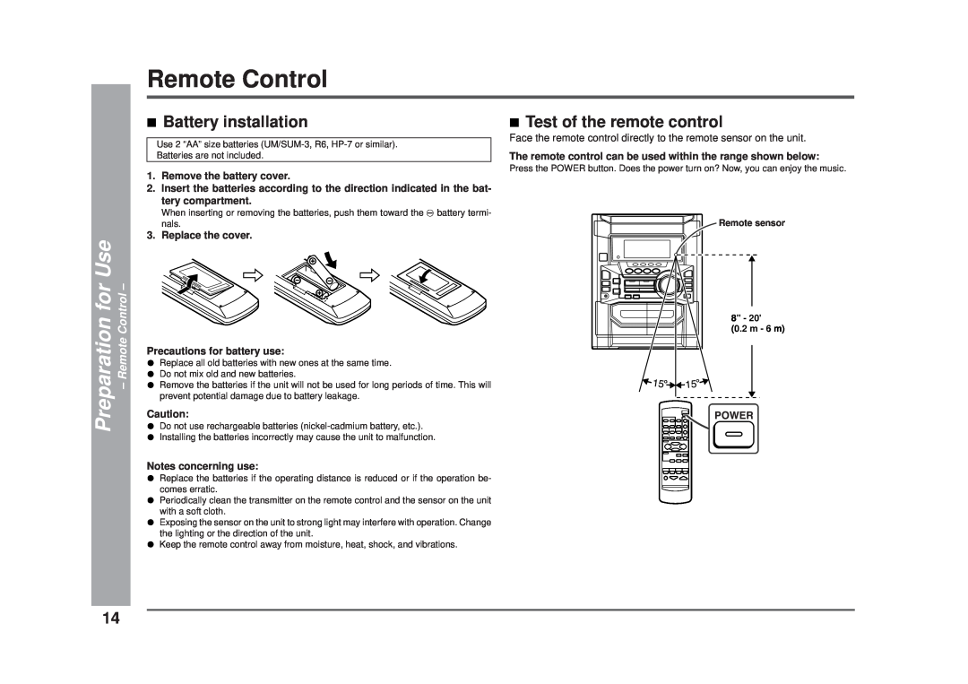 Sharp CD-DD4500 operation manual Battery installation, Test of the remote control, Preparation for Use - Remote Control 