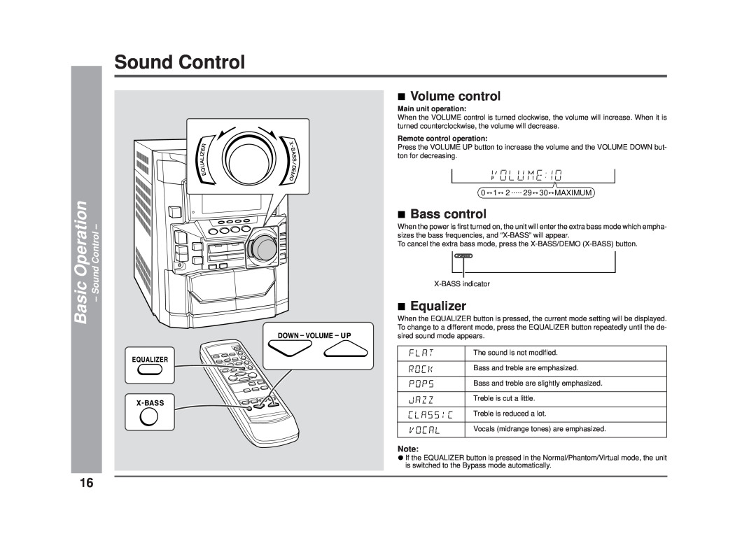 Sharp CD-DD4500 Volume control, Bass control, Equalizer, Basic Operation - Sound Control, Main unit operation 