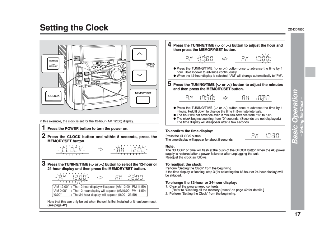 Sharp CD-DD4500 operation manual Basic Operation - Setting the Clock 