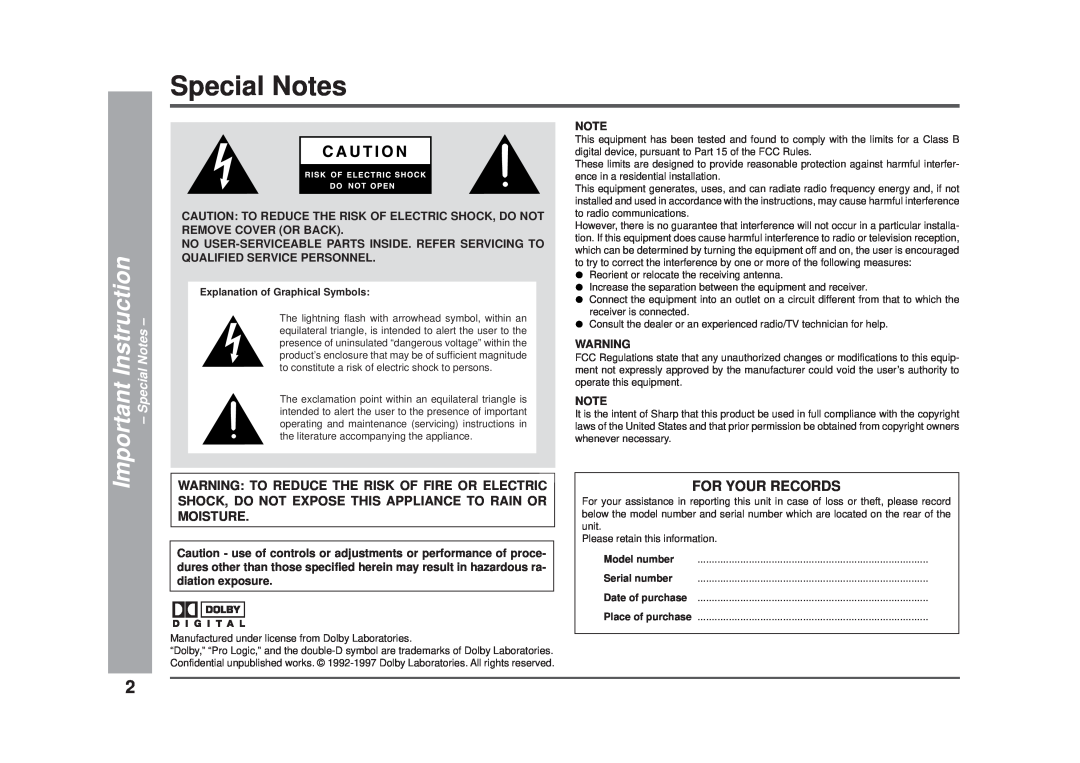 Sharp CD-DD4500 operation manual Special Notes, For Your Records 