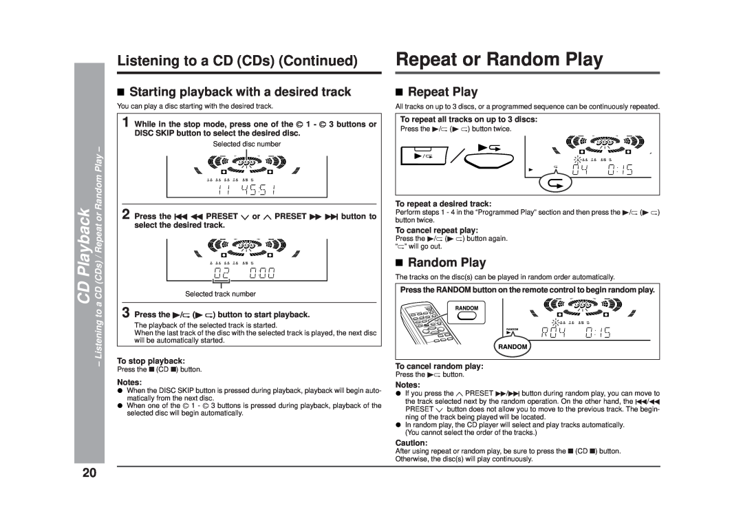 Sharp CD-DD4500 operation manual Playback, Listening to a CD CDs Continued, CDs / Repeat or Random Play 