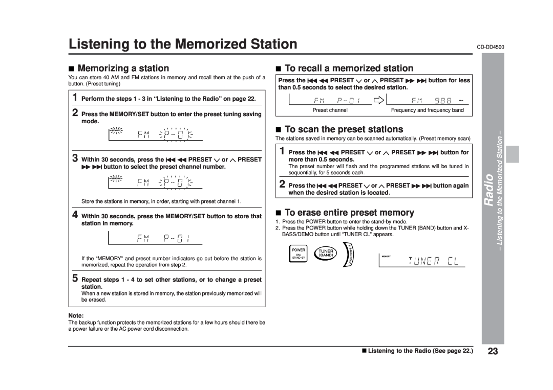Sharp CD-DD4500 operation manual Listening to the Memorized Station, Memorizing a station, To recall a memorized station 