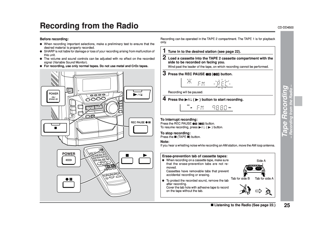 Sharp CD-DD4500 operation manual Tape Recording - Recording from the Radio 