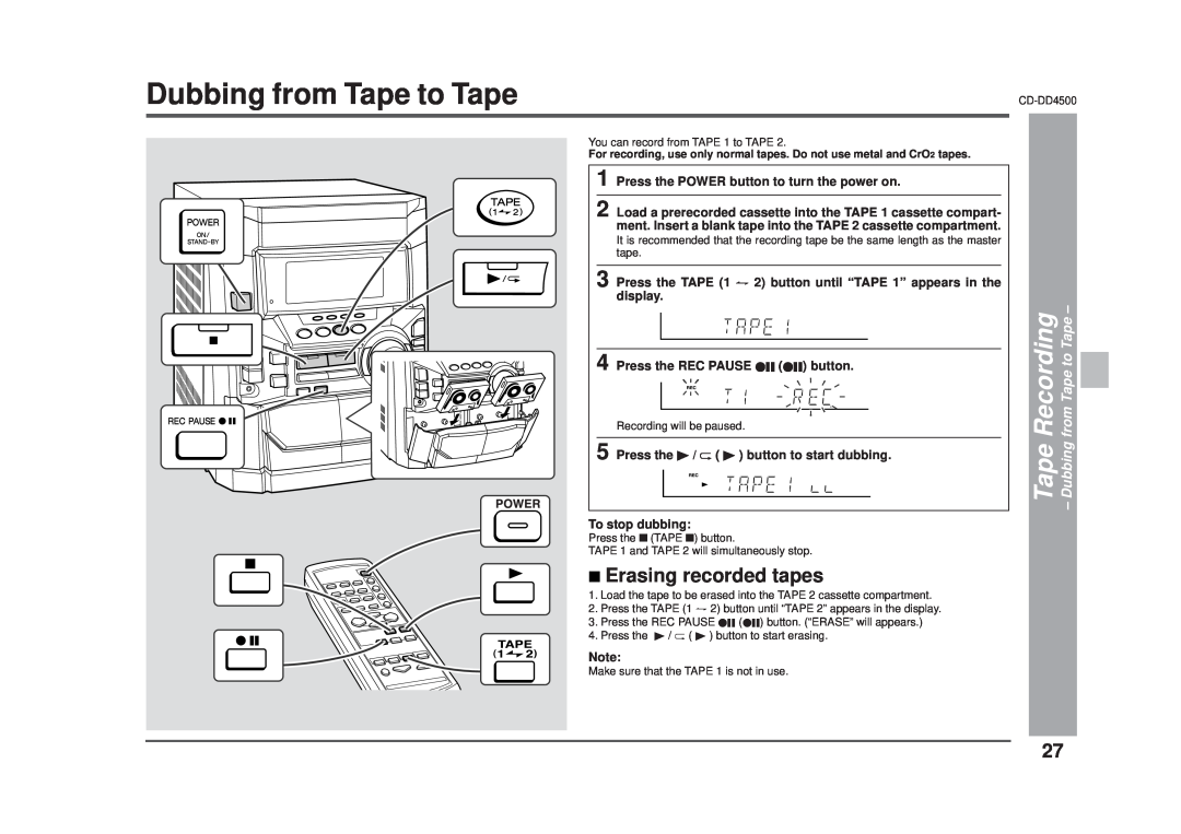 Sharp CD-DD4500 operation manual Erasing recorded tapes, Tape Recording - Dubbing from Tape to Tape 