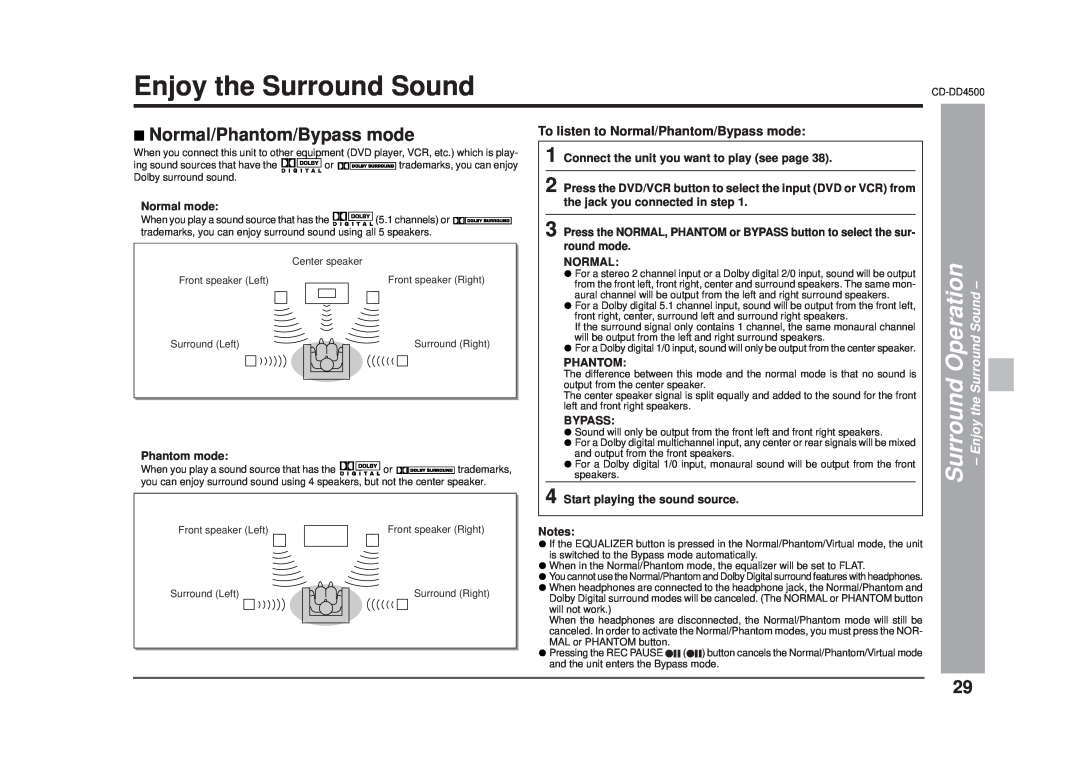 Sharp CD-DD4500 operation manual Enjoy the Surround Sound, To listen to Normal/Phantom/Bypass mode 